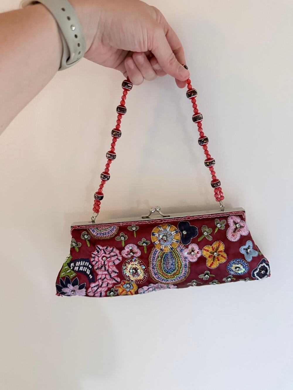 Vintage Far Nine Embroidered Y2K Beaded Floral Burgundy Clutch Evening Bag
